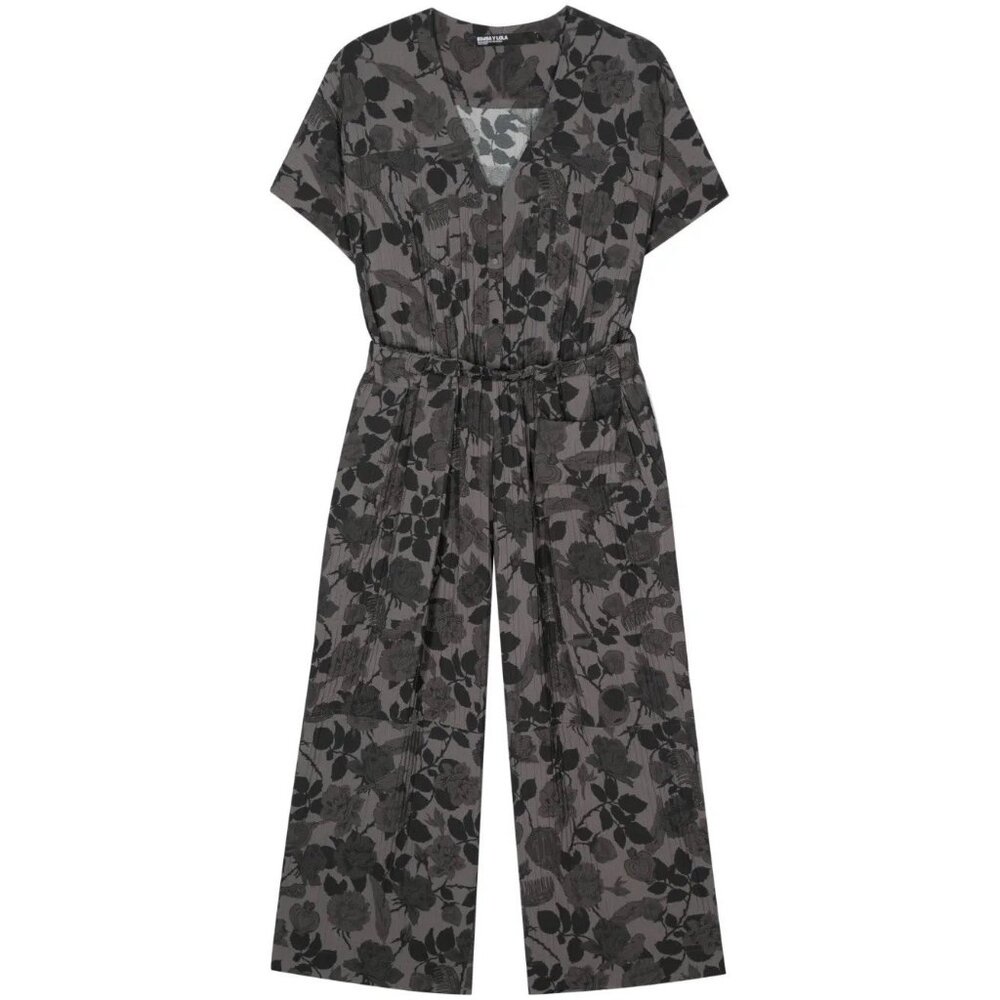 BIMBA Y LOLA WIDE LEG JUMPSUIT Large Size Gray Short Sleeves Elastic Waist Vneck - Picture 4 of 16